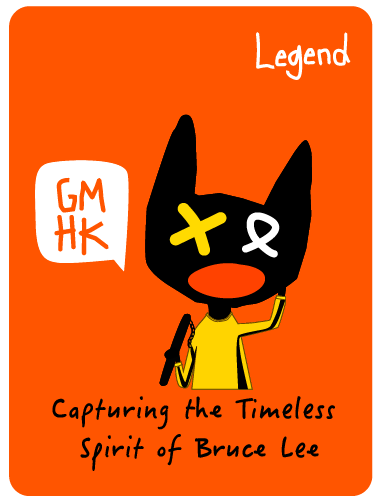 Maneki-Meow Legend card: a black cat in a yellow suit, capturing the timeless spirit of Bruce Lee