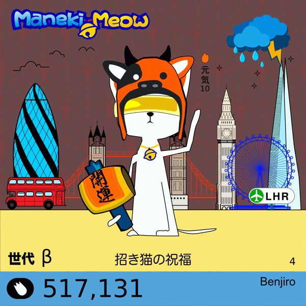 Maneki-Meow #4, a white lucky cat in front of the London skyline